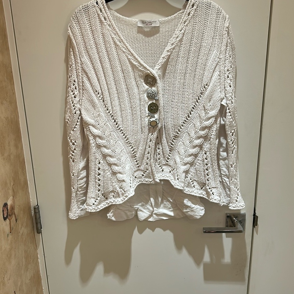 Elisa Cavaletti White Cardigan with V-Neck and Cable Knit
